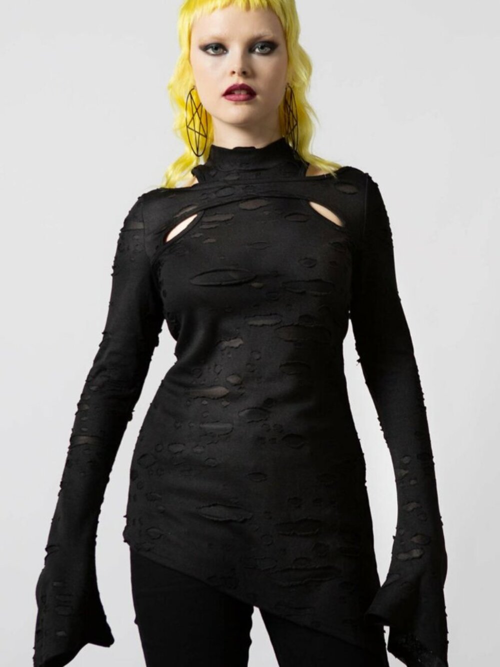 Killstar Bizzara Distressed Black Long-Sleeve Top - Solid Black XL NWT
